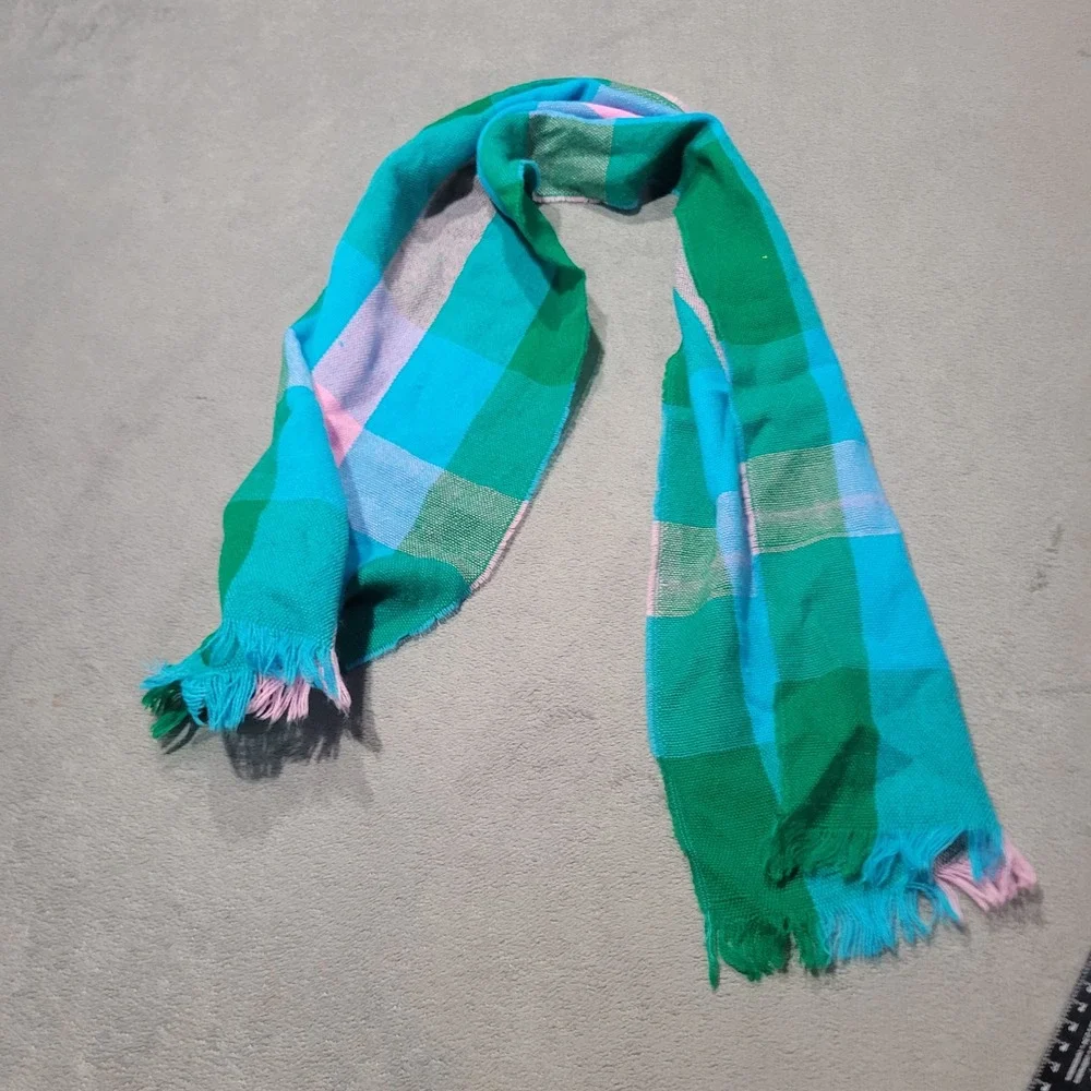 Plaid Checkered Scarf‎ Unisex Green Blue Pink Fringe Vibrant Cozy Boho Scarf